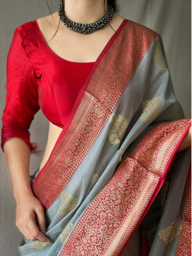 Gray Linen Saree With Blouse Piece