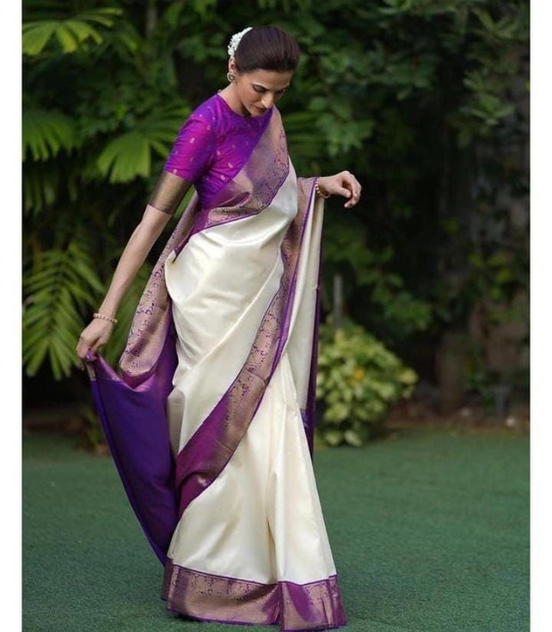Buy White-Purple Colore Banarasi Soft Lichi Silk Saree