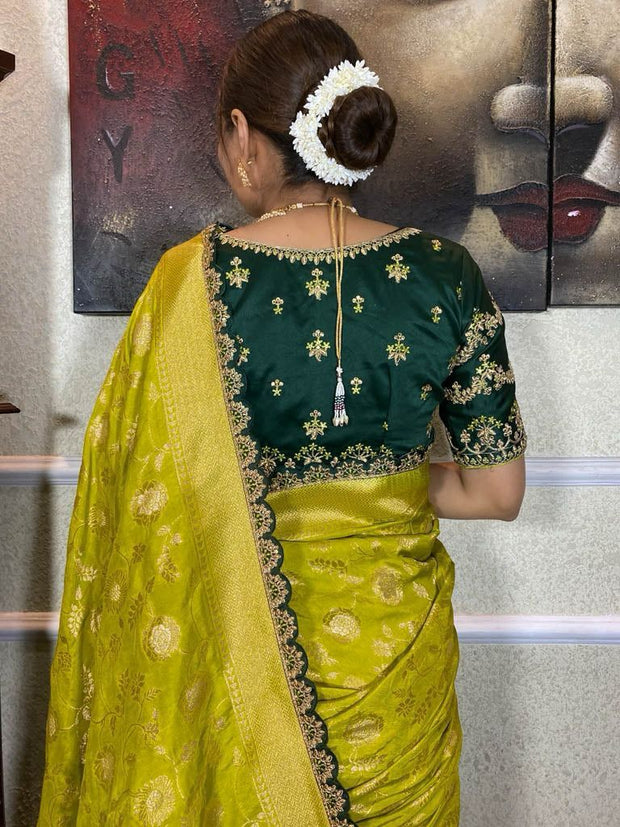 Lime Green Dola Silk Embroidered Wedding Saree