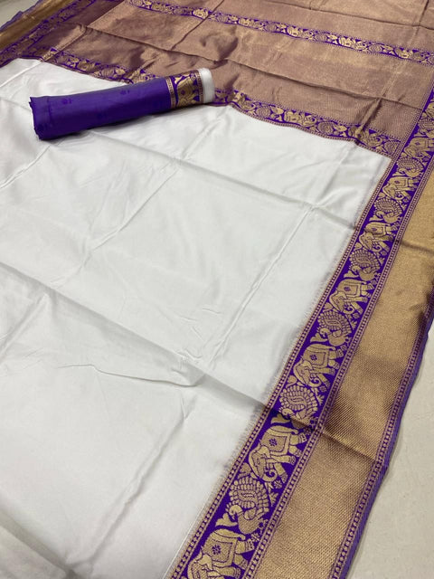 Buy White-Purple Colore Banarasi Soft Lichi Silk Saree