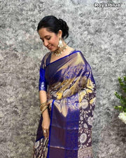 Royal Blue Pure Kanjivaram Silk Saree with Mina Weaving, Contrast Border, and Luxurious Gold Zari Pallu