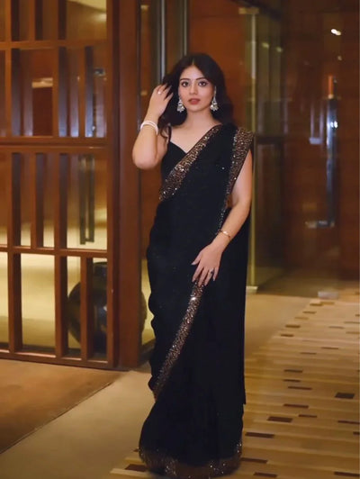 Black Georgette Embroidery Saree With Unstiched Blouse Piece