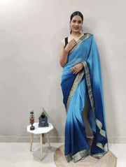 One Minute Ready To Wear Saree In Sky Blue Pedding Colour With Banarasi Less