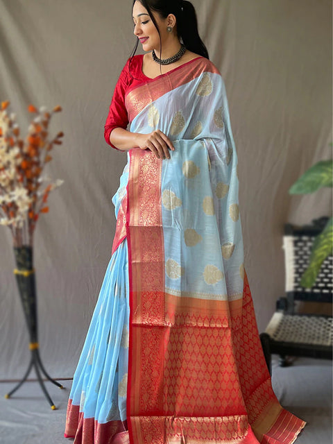 Luxurious Linen Cotton Saree: Elegant Woven Zari in a Delicate Shade of Light Blue