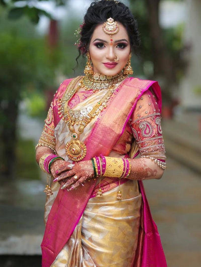Gold and Pink Color Soft Banarasi Lichi Silk Saree With Unstitched Blouse Piece