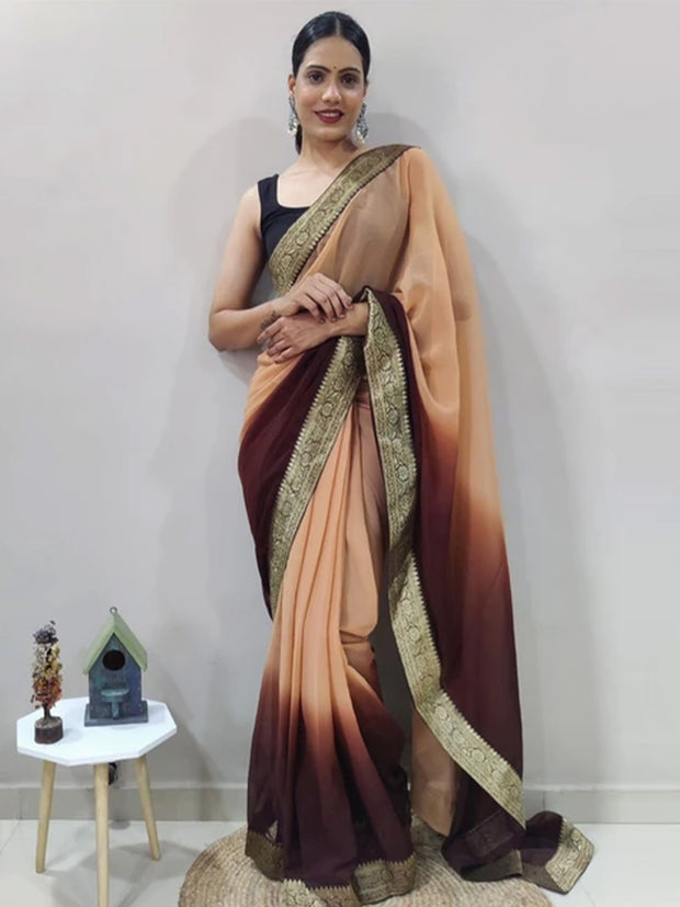One Minute Ready To Wear Saree In Light Brown Pedding Colour With Banarasi Less