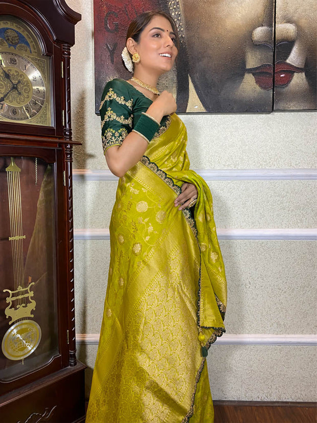 Lime Green Dola Silk Embroidered Wedding Saree