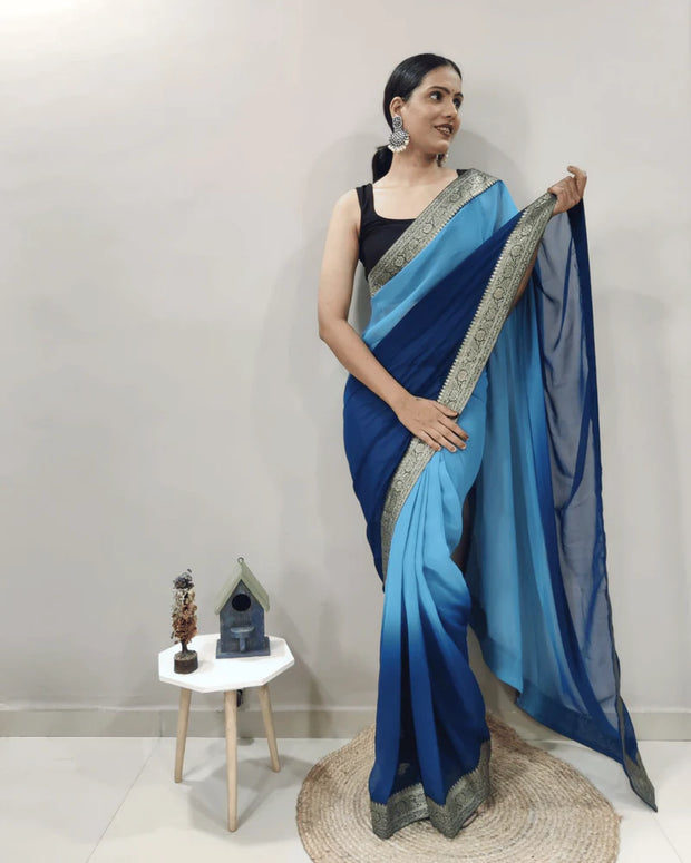 One Minute Ready To Wear Saree In Sky Blue Pedding Colour With Banarasi Less