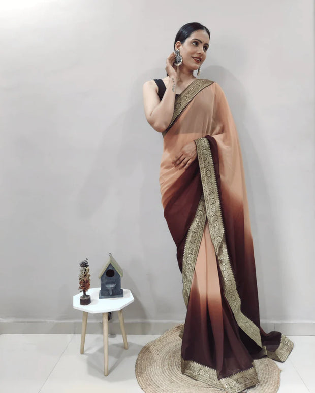One Minute Ready To Wear Saree In Light Brown Pedding Colour With Banarasi Less