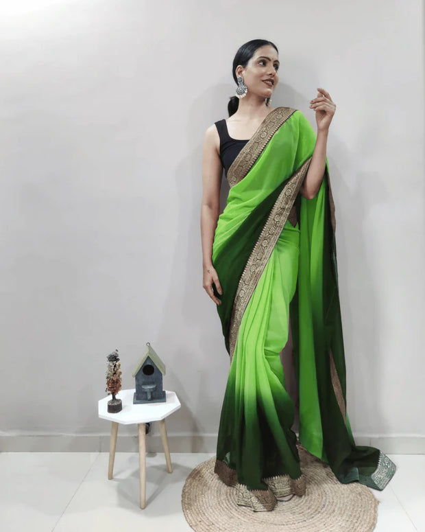 One Minute Ready To Wear Saree In Perrot-Green Pedding Colour With Banarasi Less