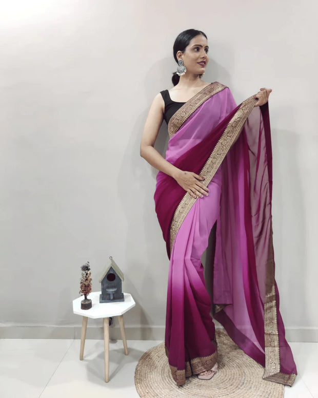 One Minute Ready To Wear Saree In Queen Pedding Colour With Banarasi Less