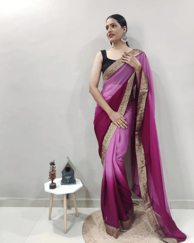 One Minute Ready To Wear Saree In Queen Pedding Colour With Banarasi Less