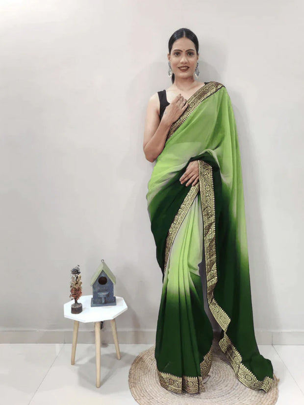 One Minute Ready To Wear Saree In Perrot-Green Pedding Colour With Banarasi Less