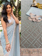 Women's Heavy Georgette Grey Colour Saree With Beautiful Fancy Sequence Embroidery Work