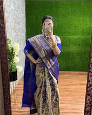 Royal Blue Pure Kanjivaram Silk Saree with Mina Weaving, Contrast Border, and Luxurious Gold Zari Pallu