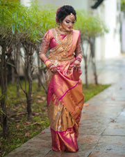 Gold and Pink Color Soft Banarasi Lichi Silk Saree With Unstitched Blouse Piece