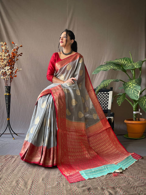 Gray Linen Saree With Blouse Piece