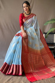 Luxurious Linen Cotton Saree: Elegant Woven Zari in a Delicate Shade of Light Blue